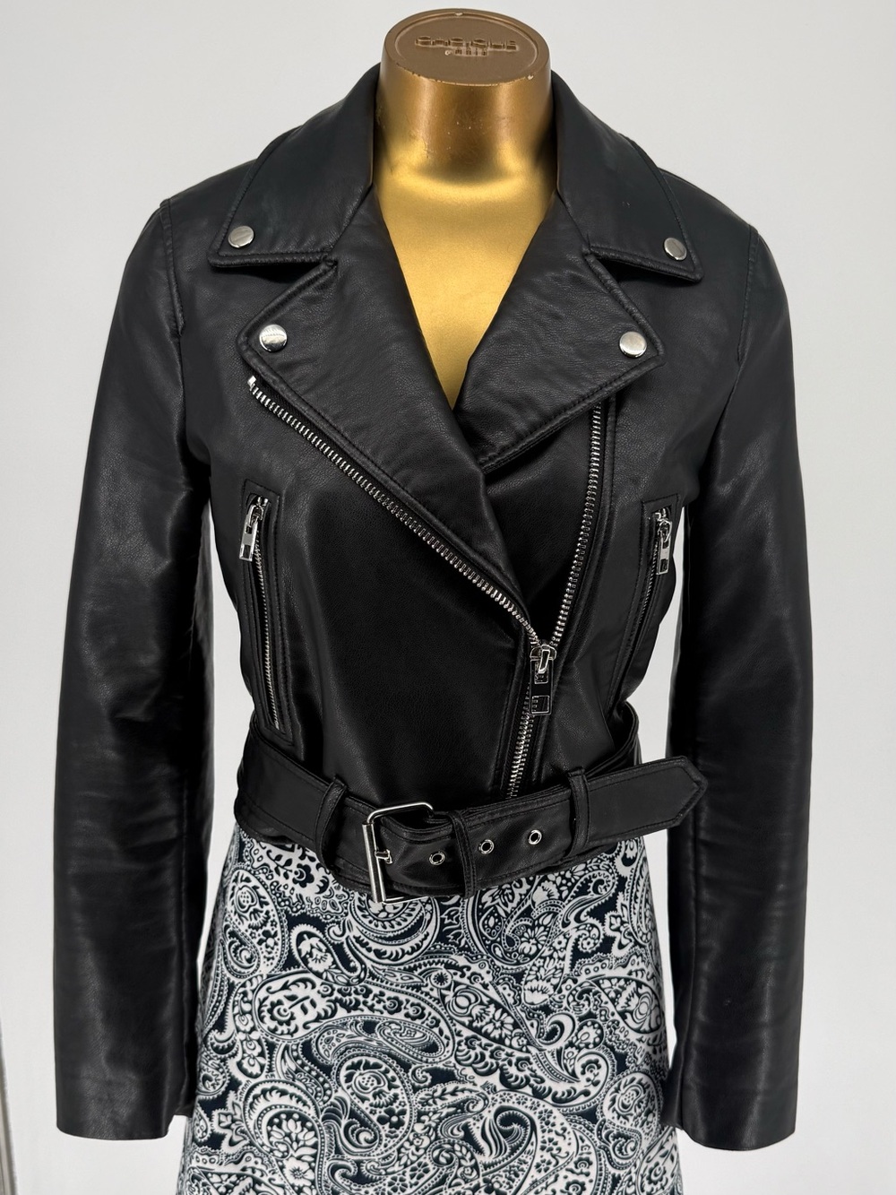 ZARA Black Faux Leather Moto Belted Jacket with Belt Size Small
